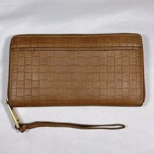 Margot New York Tan Basketweave Leather Zip around Wallet Clutch